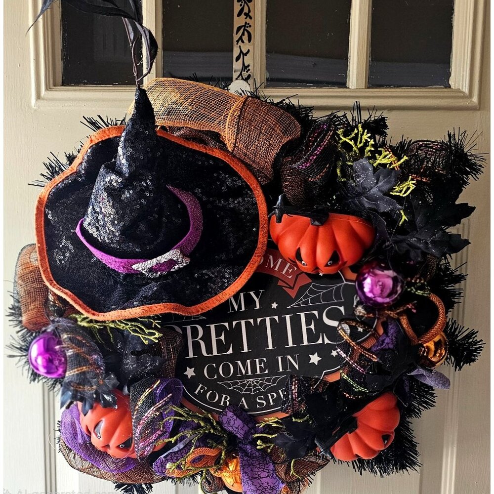 Halloween Wreath Witch Hat Door Decor Light Up Purple Pumpkins Spooky Handmade